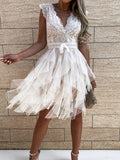 Lace Patchwork Asymmetrical White Dress Femme Sexy Sleeveless Slim Fit Party