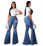 Blue Washed Flare Denim Mom Jeans Skinny Side Stripe High Waisted Sequined Pant
