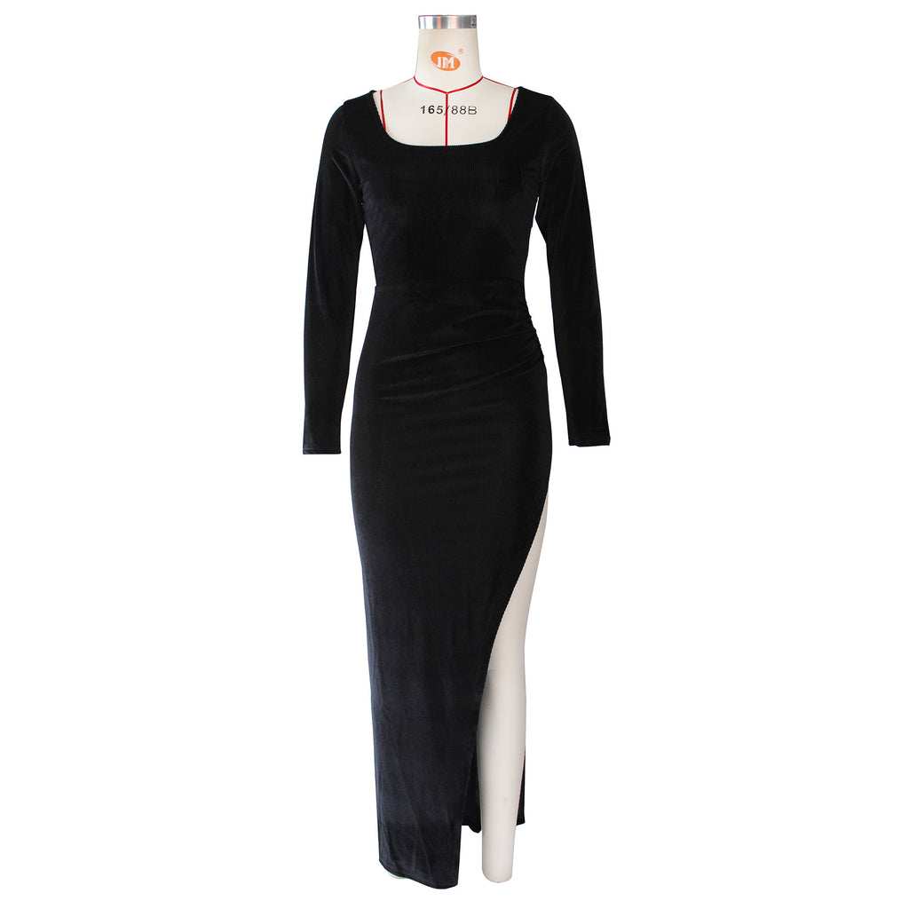 Elegant Velvet High Waist Slit Maxi Dress Sexy Long Sleeve Evening Party Dress