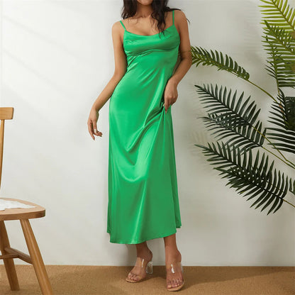 DressBetty - 2024 Women Solid Color Silky Satin Slip Summer Casual Sleeveless Maxi Dress