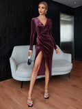 Velvet Dresses Long-Sleeved Sexy Sequin Party Club Outfit Wrap Dress