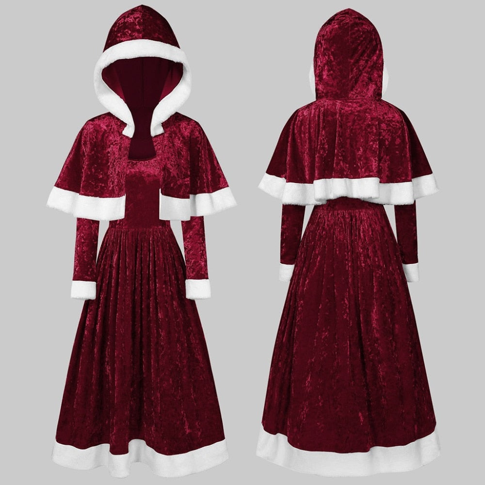 Miss Santa Claus Cosplay Costume Dress Red 2pcs Long-Sleeved A-Line Dress