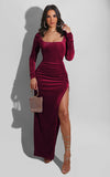 Elegant Velvet High Waist Slit Maxi Dress Sexy Long Sleeve Evening Party Dress