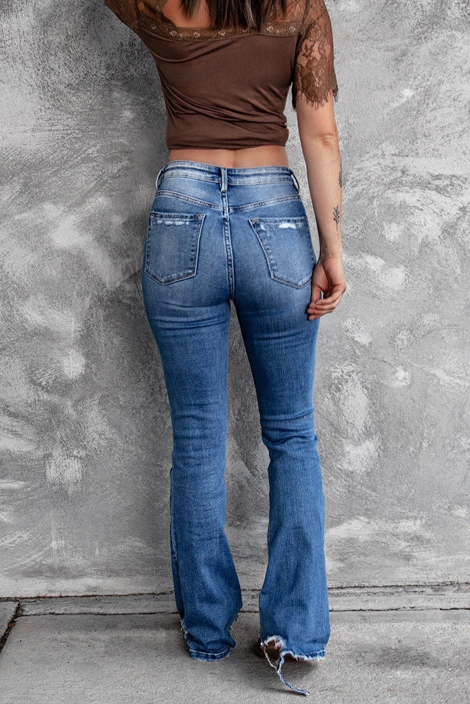 Holes Ripped Tassel Flare Jeans High Waist Denim Ladies Vintage Stretch Slim Jeans