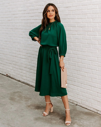 Elegant Office Dress Formal Loose Green Long Sleeve Belt A-Line Midi Dresses