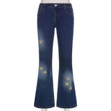 Star Printed Streetwear Vintage Low Waist Pockets Blue Denim Skinny Flare Jeans