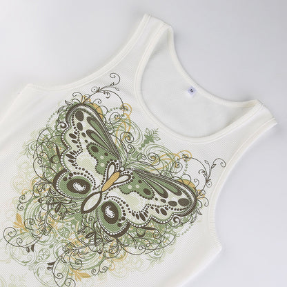 Slim Knitted Vest White Sleeveless O Neck Butterfly Vintage Print Tank Crop Tops