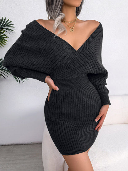 Sweater Dresses Formal Deep V Neck Mini Sexy Dress Batwing Long Sleeve Knitted Winter Dresses
