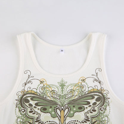 Slim Knitted Vest White Sleeveless O Neck Butterfly Vintage Print Tank Crop Tops