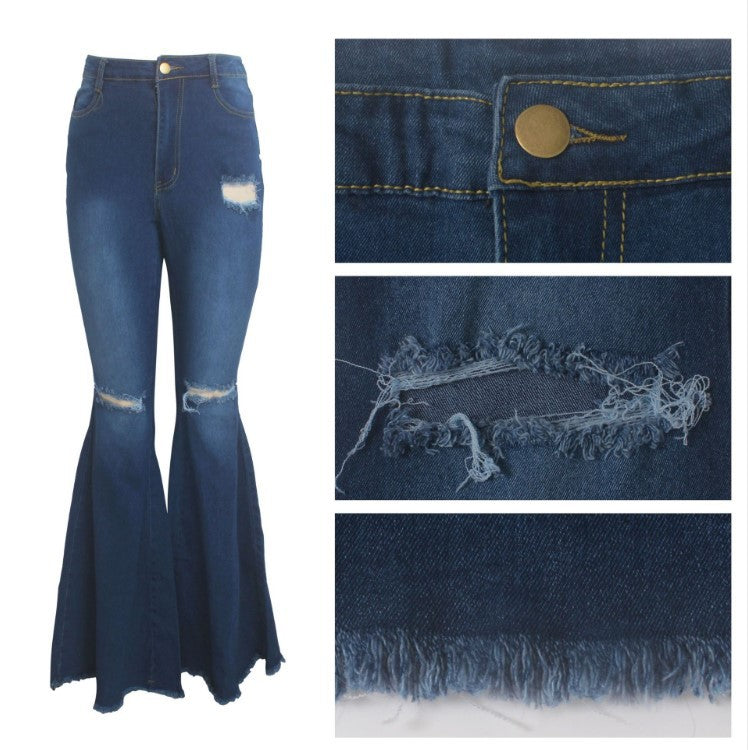 Blue Washed Flare Denim Mom Jeans Skinny Side Stripe High Waisted Sequined Pant