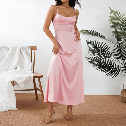 DressBetty - 2024 Women Solid Color Silky Satin Slip Summer Casual Sleeveless Maxi Dress