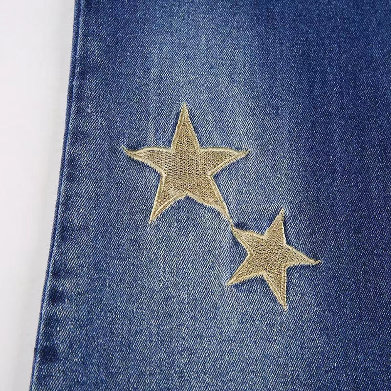 Star Printed Streetwear Vintage Low Waist Pockets Blue Denim Skinny Flare Jeans