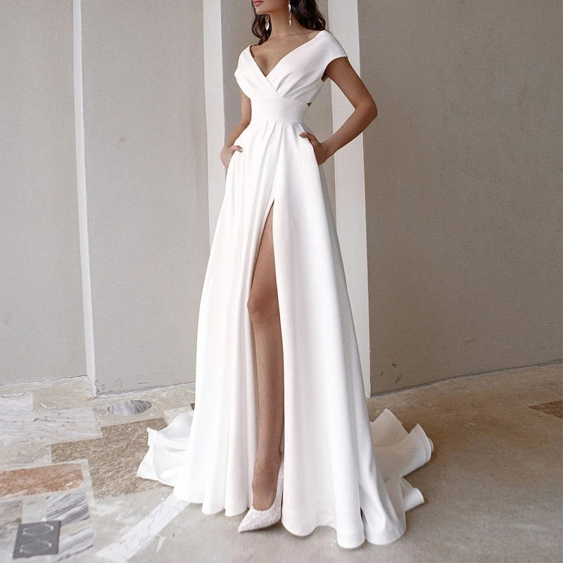 Elegant Casual Women's Dresses Sexy V-neck Side Slit Backless White Long Skirt Wedding