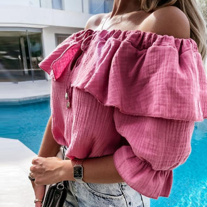 Sexy Off Shoulder Ruffles Women Blouse Shirts Color Lace-Up Tops Pullovers Casual Loose Blusa