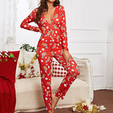 Pajamas Jumpsuit Buttons V-Neck Long Sleeve Christmas Cartoon Printed Sleepwear