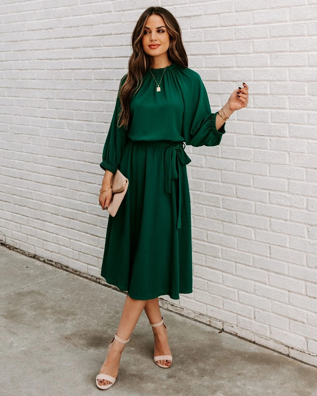 Elegant Office Dress Formal Loose Green Long Sleeve Belt A-Line Midi Dresses
