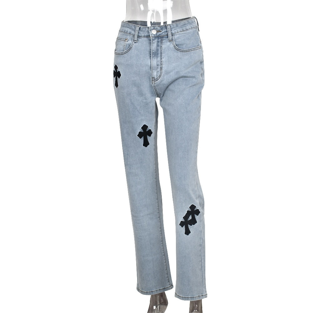 Women Low Waist Vintage Straight Denim Trousers Cyber Y2k Goth Pants Fashion Mom Jeans