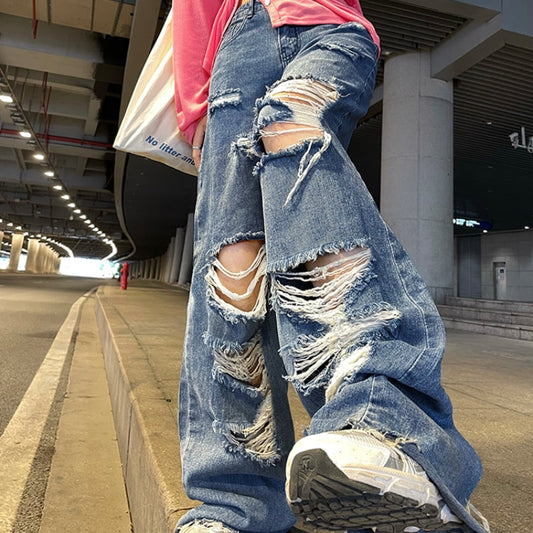 Women's Street Jeans Ripped Jeans High Waisted Baggy Jeans Wide Leg Jeans Y2K Hip Hop Pants