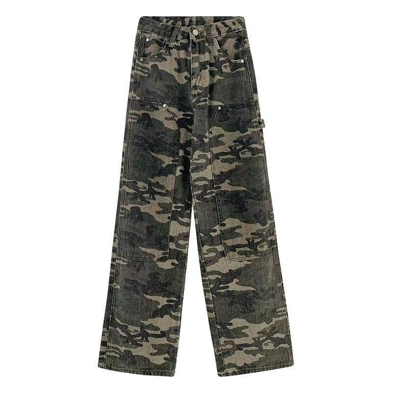 Streetwear Camouflage High Waist Cargo Pants Straight Jeans