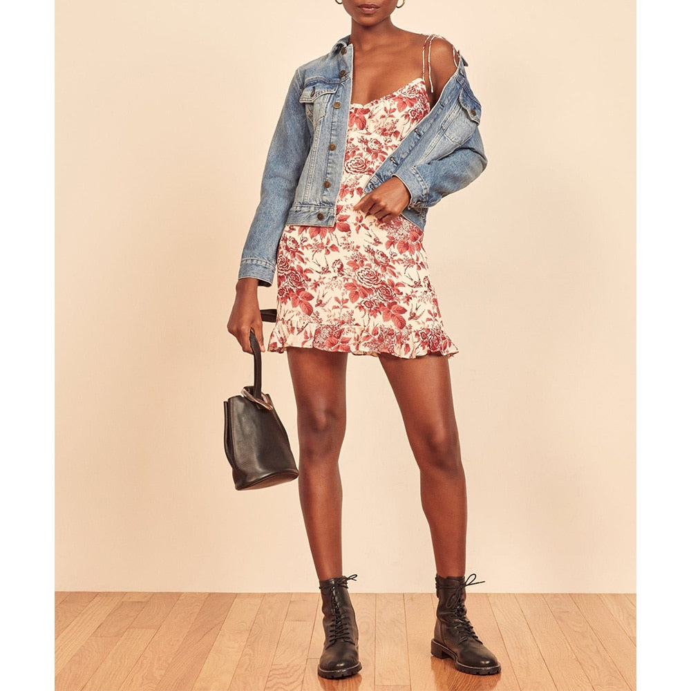 Summer Clothes For Women Ruffle Hem Elegant Floral Print Frill Edge V Neck Sleeveless Tie Strap Sexy Mini Dress