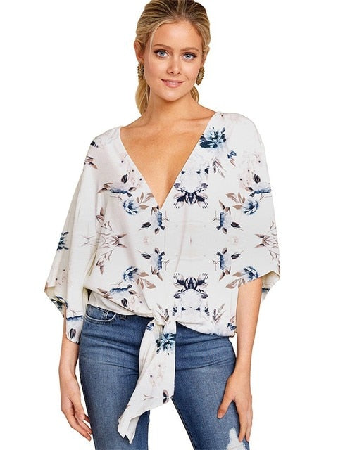 Summer Elegant Office Blouse Women Clothes V-neck 3/4 Sleeve Floral Print Streetwear Shirts