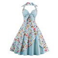 Bow Knot Front Sexy V-Neck Halter Party Vintage 50s Dress Backless Cotton Dresses