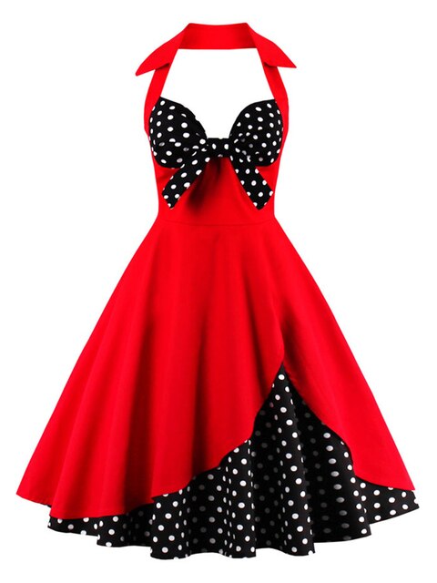 Bow Knot Front Sexy V-Neck Halter Party Vintage 50s Dress Backless Cotton Dresses