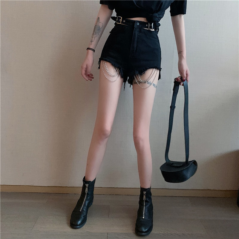 Vintage Gothic Black Hole Chain Denim Short Harajuku Female Sexy Shorts