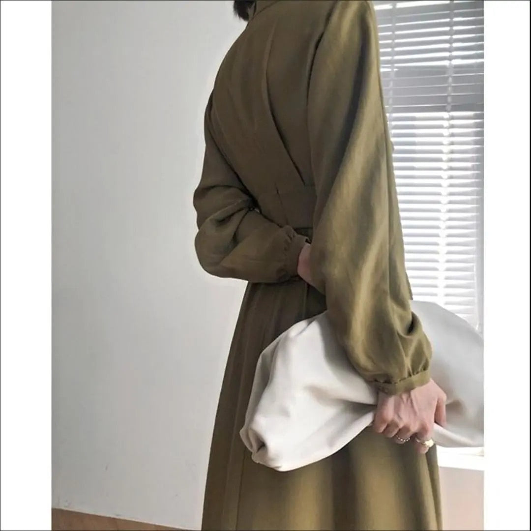 Vintage Long Sleeve Elegant Autumn Bodycon Dress Slimming Pleated Stand Collar Midi Dress