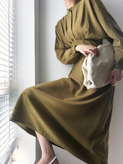 Vintage Long Sleeve Elegant Autumn Bodycon Dress Slimming Pleated Stand Collar Midi Dress