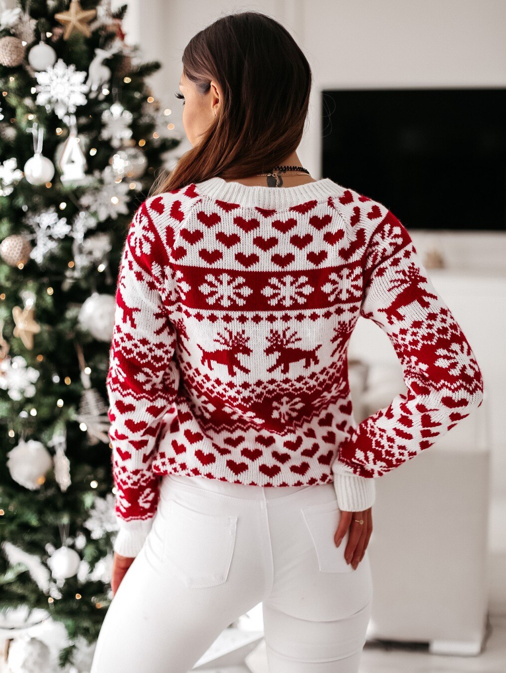 Christmas Sweater Knitted Pullover Sweater Snowflake Elk Print Sweaters