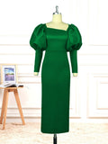 Green Long Dresses Square Collar Lantern Sleeve Evening Party Gowns