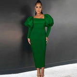 Green Long Dresses Square Collar Lantern Sleeve Evening Party Gowns