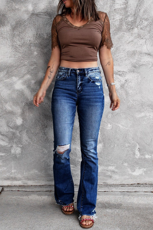 Holes Ripped Tassel Flare Jeans High Waist Denim Ladies Vintage Stretch Slim Jeans
