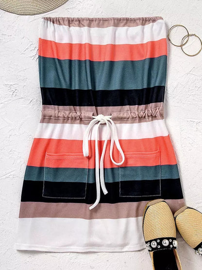 Women Strapless Sleeveless Mini Bandeau Dress 2023 Summer Casual Drawstring Striped Tube Splicing