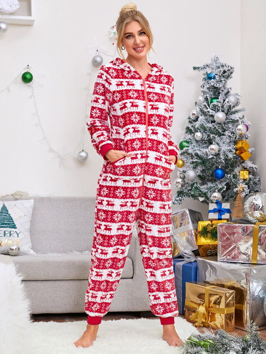 Christmas Hooded Jumpsuit Long Sleeve Zip Up Pajamas Warm Sleep Home Wear