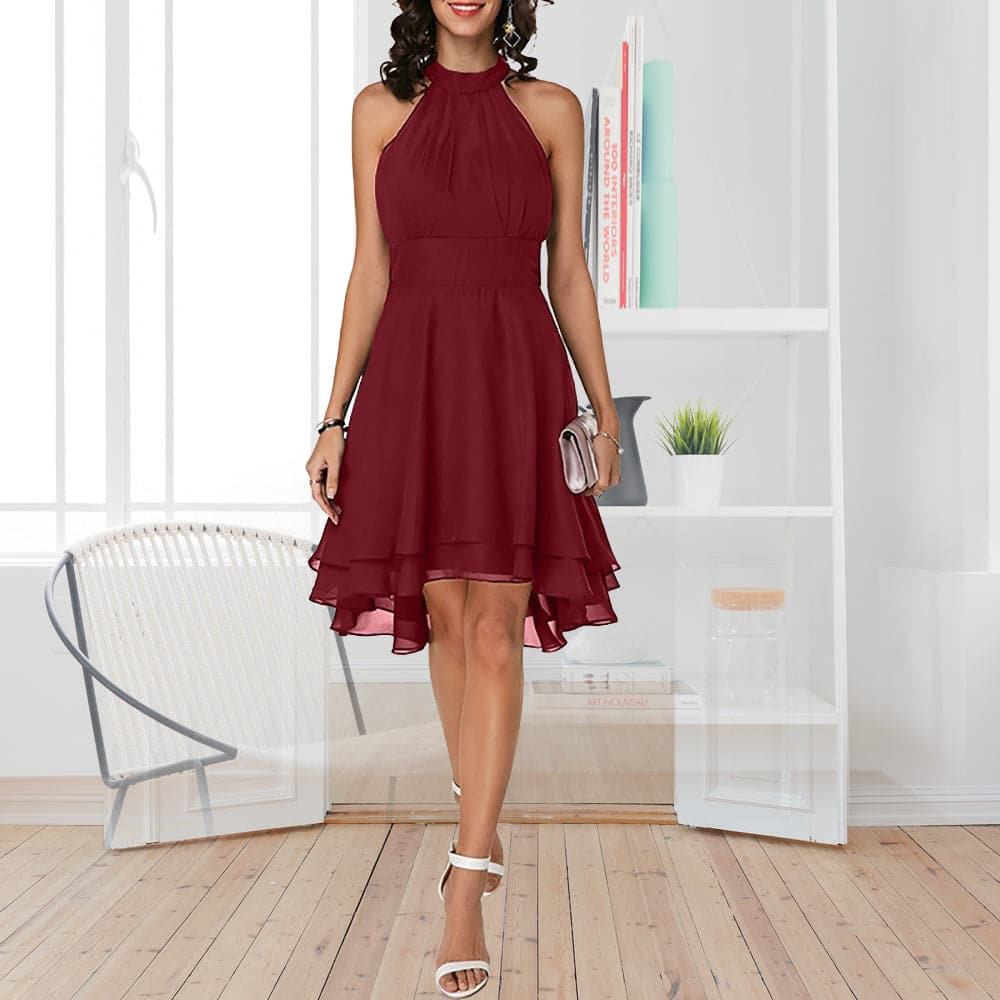 2023 Women's Dress Elegant Halter Sleeveless Cropped Layered Midi Dress