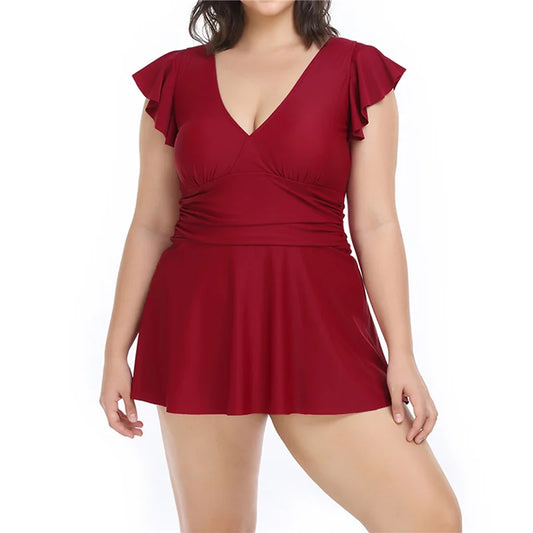 Solid Color Flying Sleeve V-Neck A-Line Plus Size Swimsuits