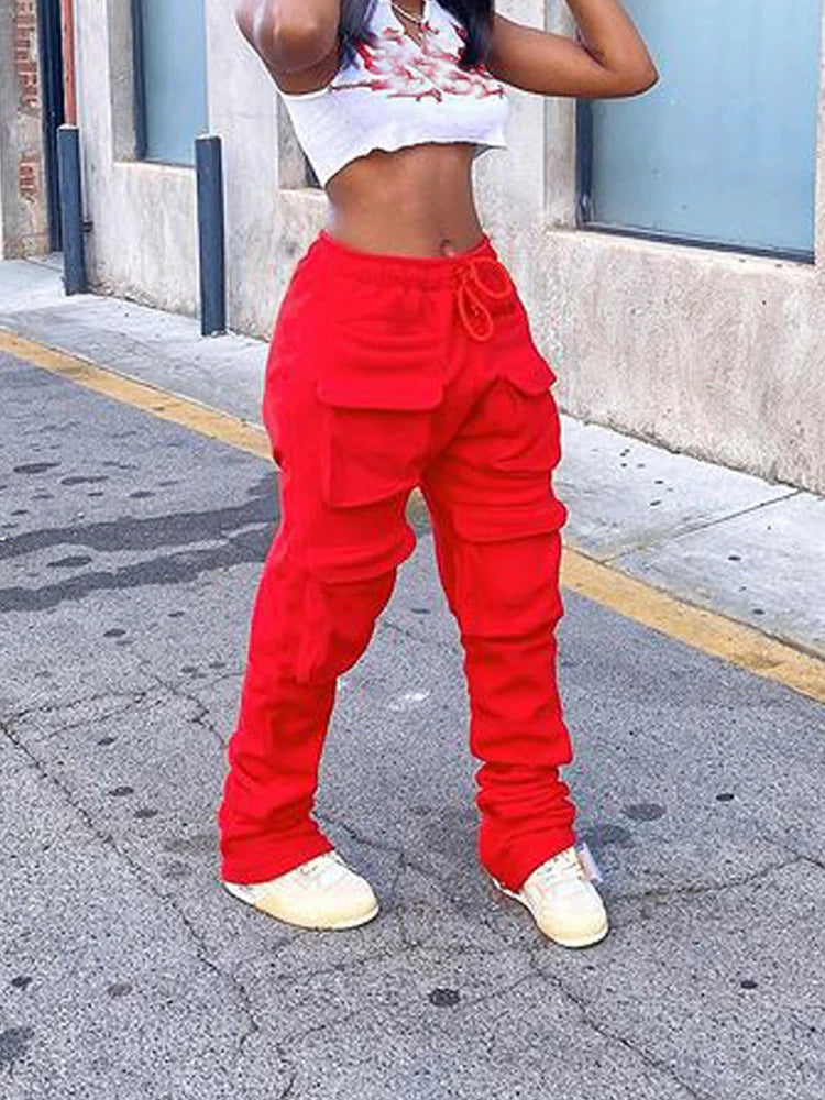 Red Stacked High Waist Tracksuits Joggers  Sweatpants