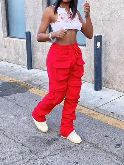 Red Stacked High Waist Tracksuits Joggers  Sweatpants