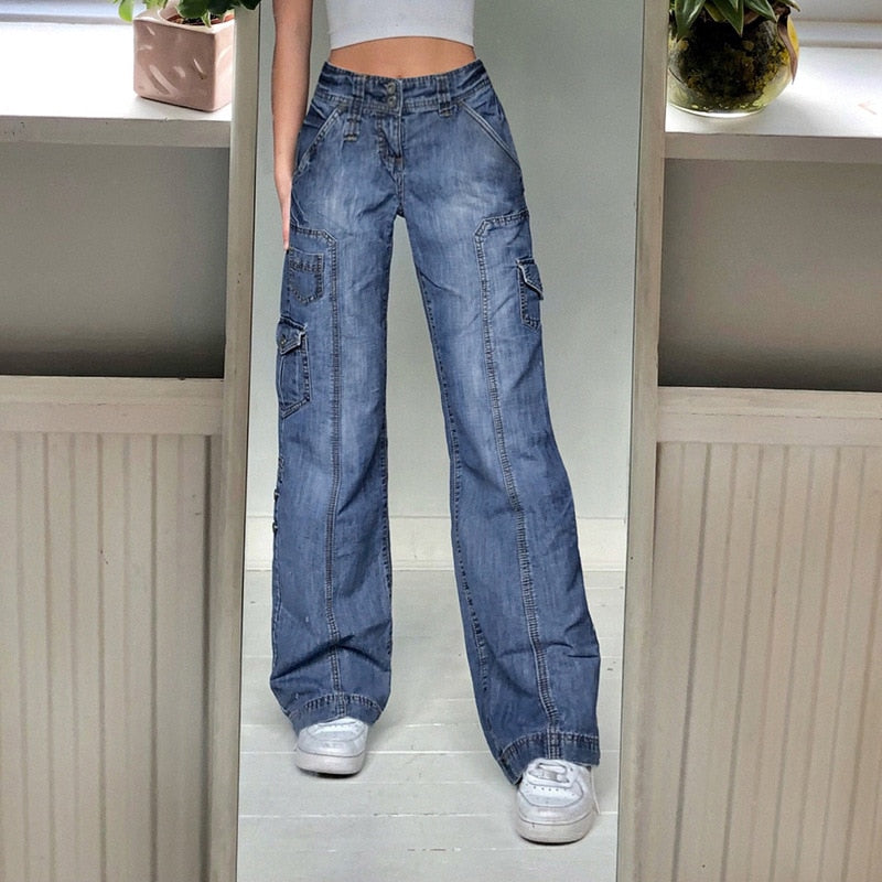 Y2K Jeans Low Rise Trousers Blue Vintage Gothic Print Baggy Casual Wide Leg Denim Aesthetic