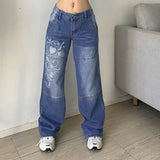 Y2K Jeans Low Rise Trousers Blue Vintage Gothic Print Baggy Casual Wide Leg Denim Aesthetic