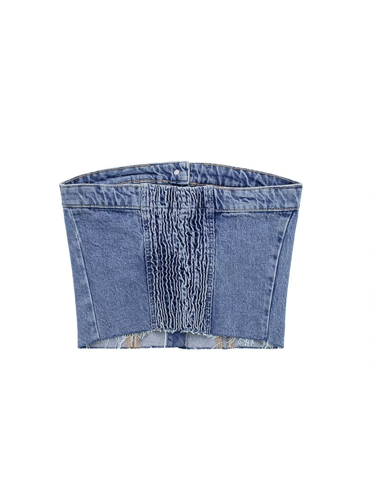Blue Denim Buttoned Bandeau Top High Street Vintage Slim Female Chic Short Tops