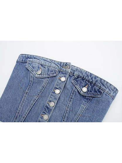 Blue Denim Buttoned Bandeau Top High Street Vintage Slim Female Chic Short Tops