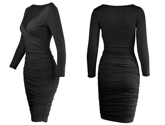 Ruched Solid White Black Red Long Sleeve Office Formal Dresses
