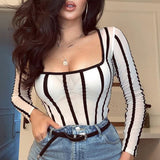 High Street White Scoop Neck Mesh Sheer Striped Long Sleeve Rompers Women Body Fishnet Top Fashion See-through Jumpsuits Outfits