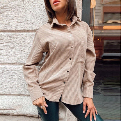 Women Casual Pockets Corduroy Velvet Blouse Long Sleeve Turn Down Collar Solid Office Lady Shirt  Winter Fashion Women Tops
