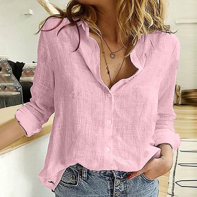Plus Size Fashion Linen Button Bottom Blouse Casual Autumn Winter Lady Loose Tops Female Women Long Sleeve Shirt  Pullover