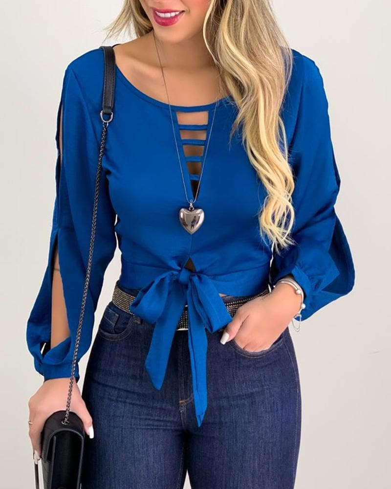 Women Fashion Elegant Casual Hollow Out Long Sleeve Blouse
