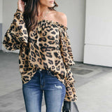 Women Leopard Print Long Sleeve Blouse Autumn Ladies Off Shoulder Loose Tops Shirt Casual Loose Blouse Tops